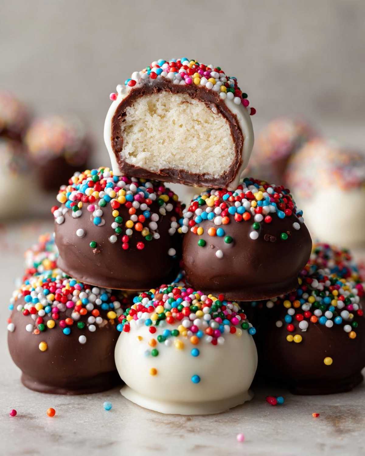 A stack of chocolate-dipped sugar cookie truffles topped with colorful sprinkles, one cut open to show the interior.