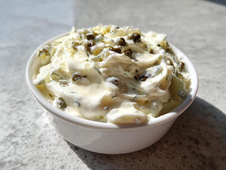 Close-up of creamy homemade tartar sauce topped with whole capers in a small white bowl.