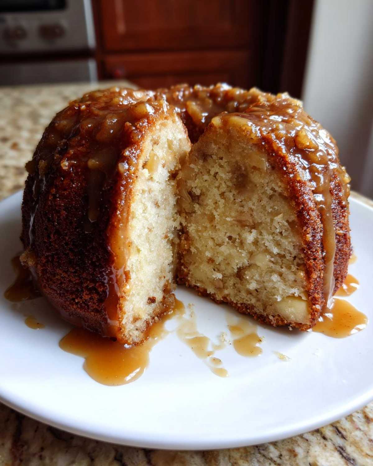 A slice cut from a bundt-style apple dapple cake, drizzled heavily with sticky caramel sauce.