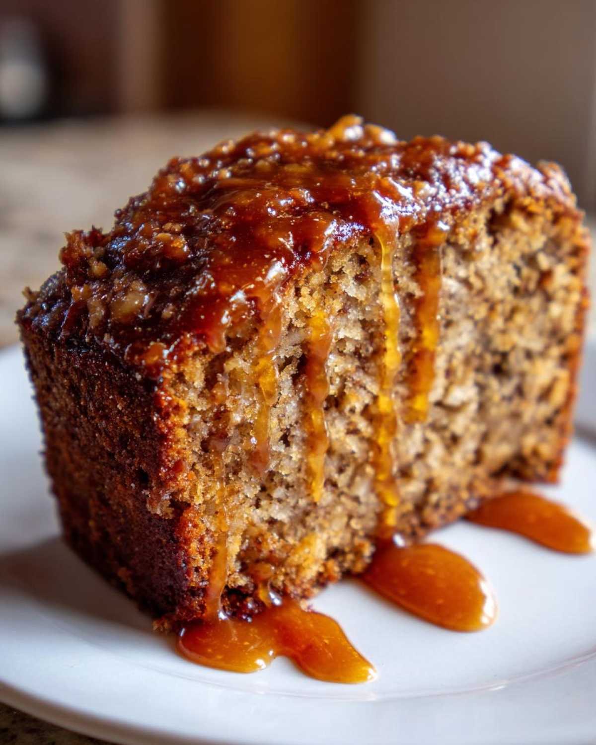 Close-up of a moist slice of apple dapple cake topped with a thick, dripping caramel sauce.