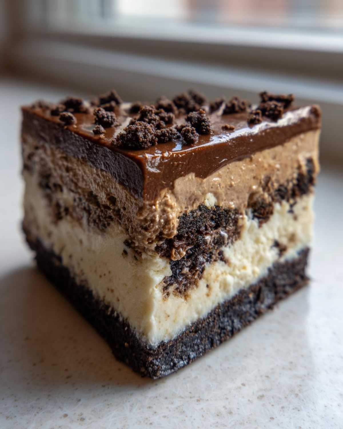 Close-up of a layered slice of Baileys Chocolate Cheesecake Trifle showing crust, cream, mousse, and ganache.