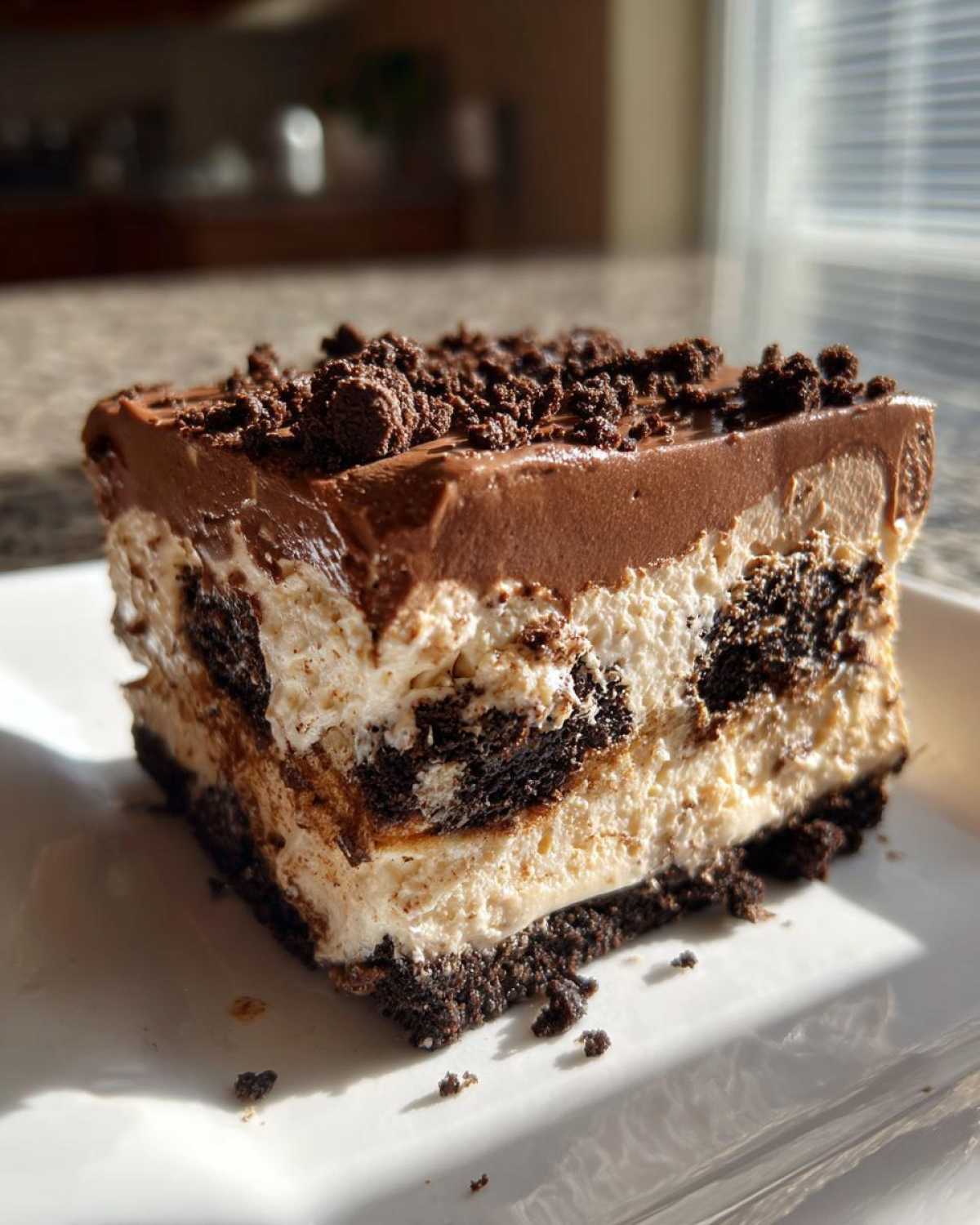 A square slice of Baileys Chocolate Cheesecake Trifle with layers of cream, chocolate, and cookie crust.