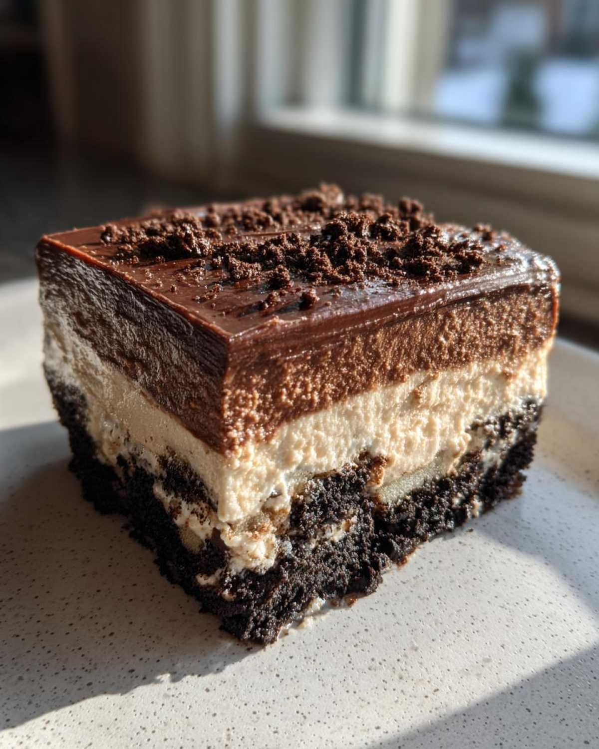 A square slice of Baileys Chocolate Cheesecake Trifle showing dark crust, light cream layer, chocolate mousse, and crumb topping.