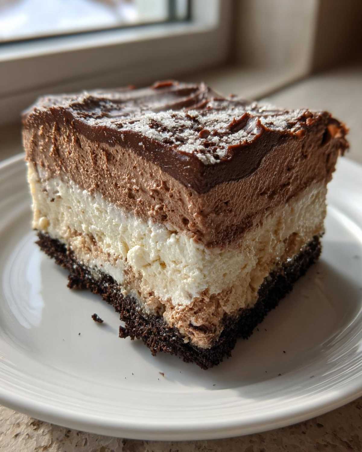 A rich, layered slice of Baileys Chocolate Cheesecake Trifle featuring a dark crust, white layer, chocolate mousse, and chocolate topping.
