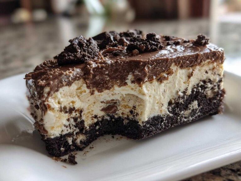 Close-up of a rich slice of Baileys Chocolate Cheesecake Trifle with a dark crust, creamy filling, and chocolate topping.