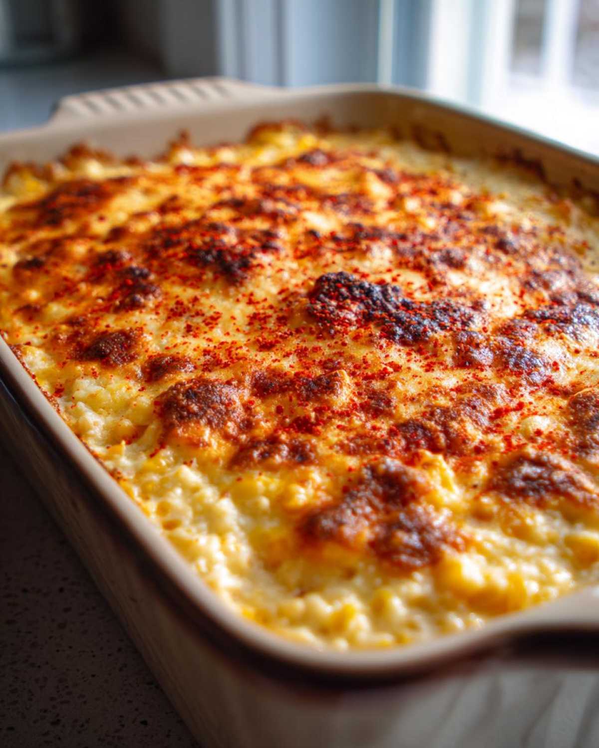 Close-up of a hot, baked elote dip in a ceramic dish, featuring a golden-brown, cheesy top sprinkled with paprika.