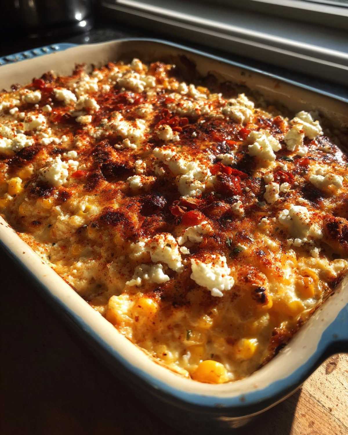Close-up of baked elote dip in a casserole dish, topped with crumbled white cheese and chili powder.