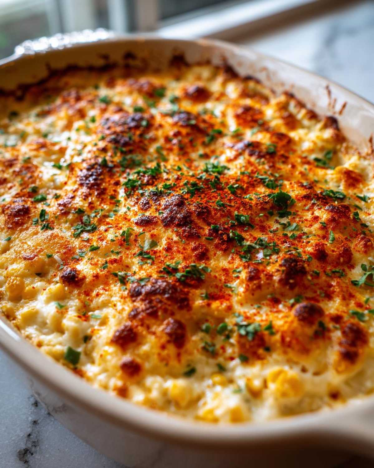Close-up of a baked elote dip in a casserole dish, featuring a bubbly, browned cheese crust sprinkled with paprika and parsley.