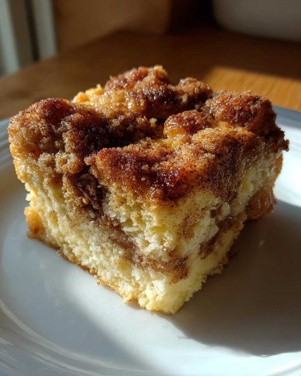 Close-up of a single serving slice of baked french toast featuring a thick, sugary cinnamon streusel topping.