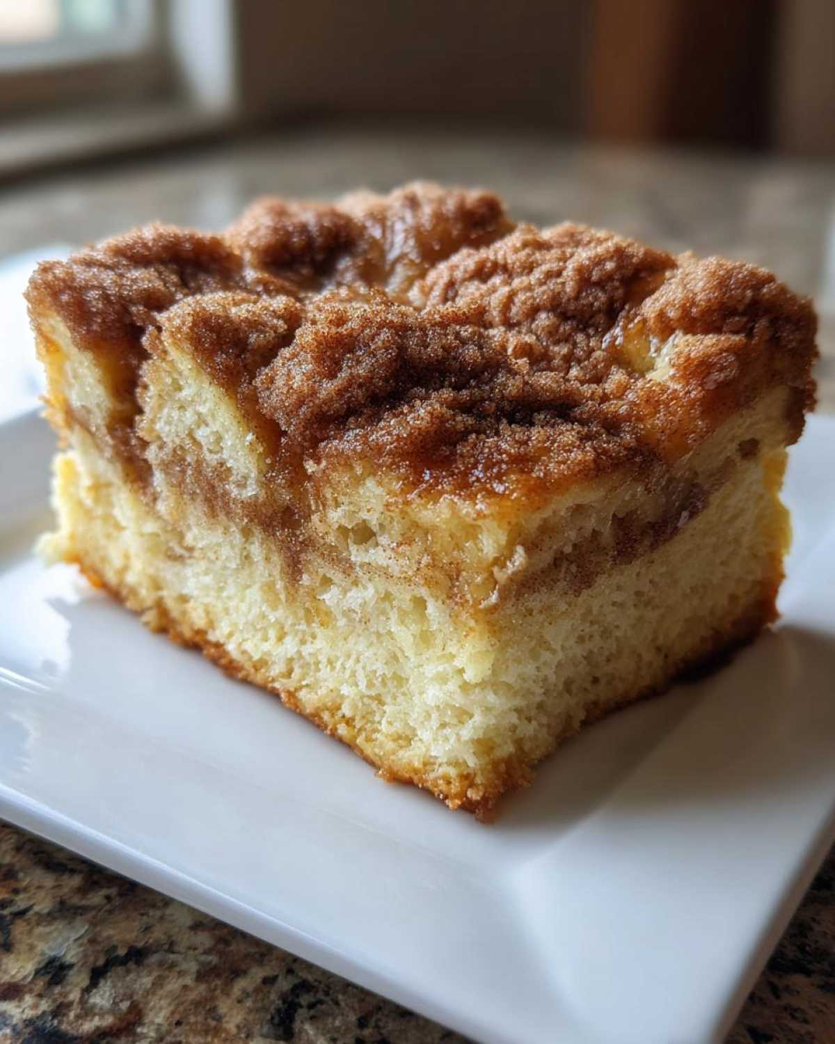 Close-up of a thick slice of baked french toast with a rich cinnamon swirl and crumbly streusel topping.