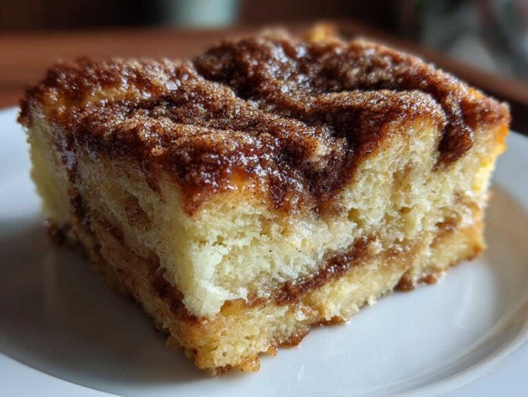 A moist, square slice of baked french toast with a rich cinnamon swirl topping, served on a white plate.