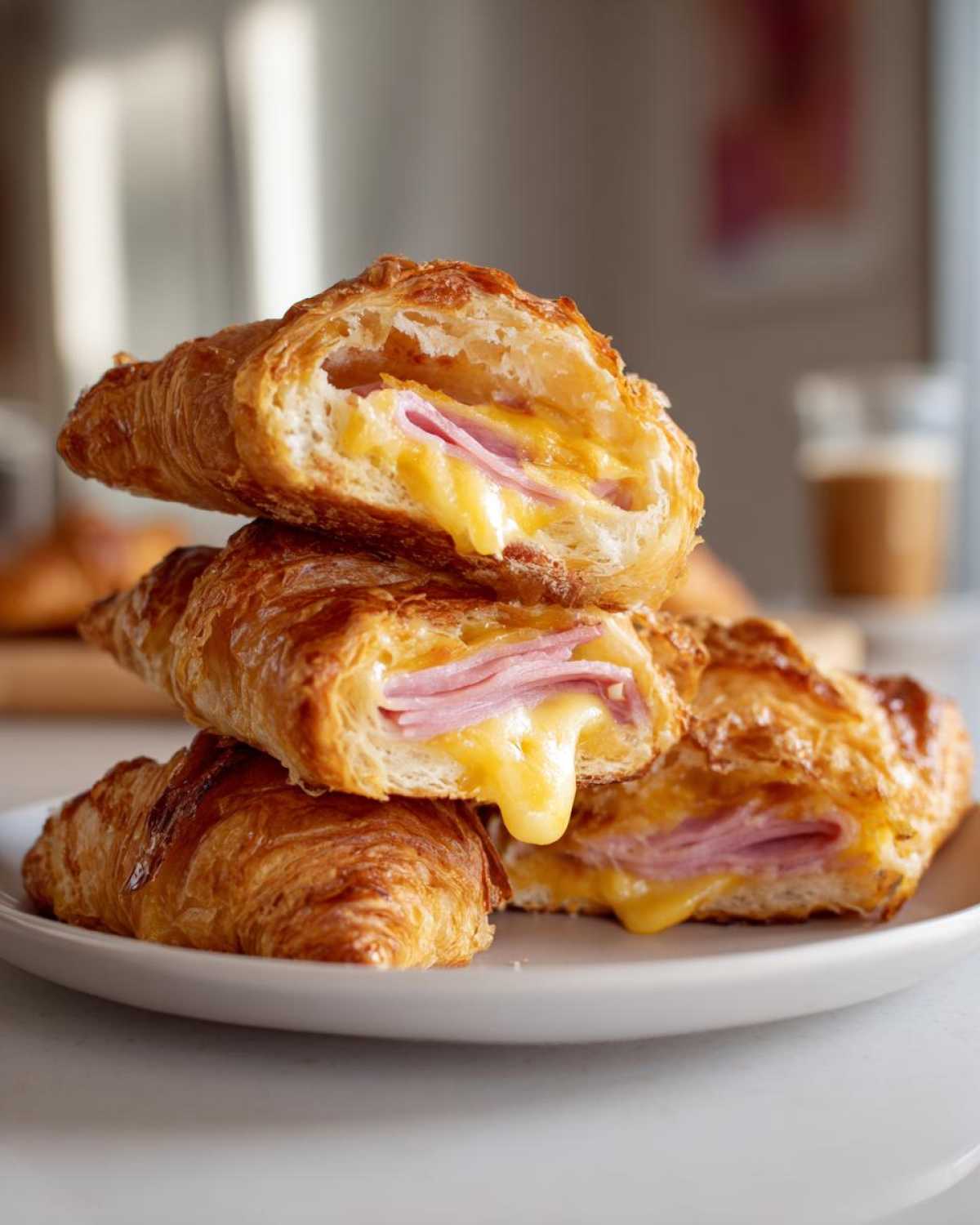 Close-up of baked ham and cheese croissants stacked, showing gooey melted cheese oozing out.