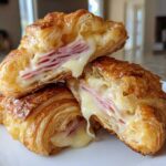 Close-up of flaky baked ham and cheese croissants cut open, showing melted cheese oozing out with layers of ham.
