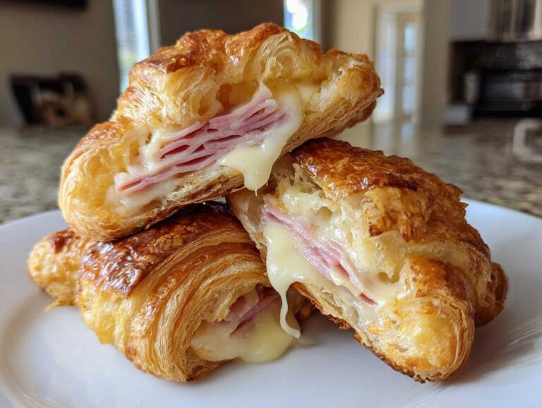 Close-up of flaky baked ham and cheese croissants cut open, showing melted cheese oozing out with layers of ham.