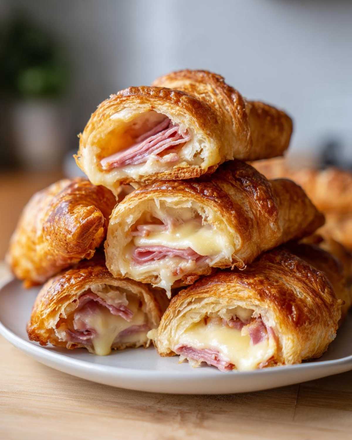 Close-up stack of baked ham and cheese croissants cut open to show melted cheese and ham filling.