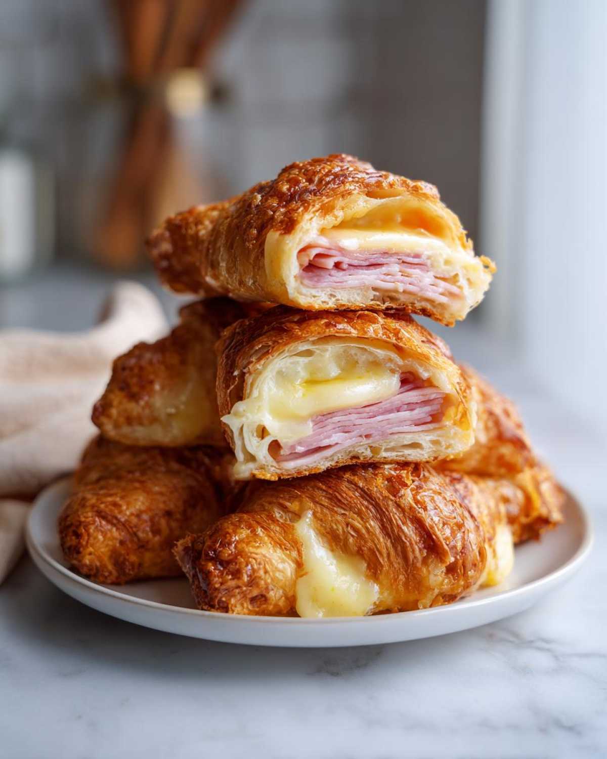 A stack of golden baked ham and cheese croissants, cut open to show melted cheese and ham filling.