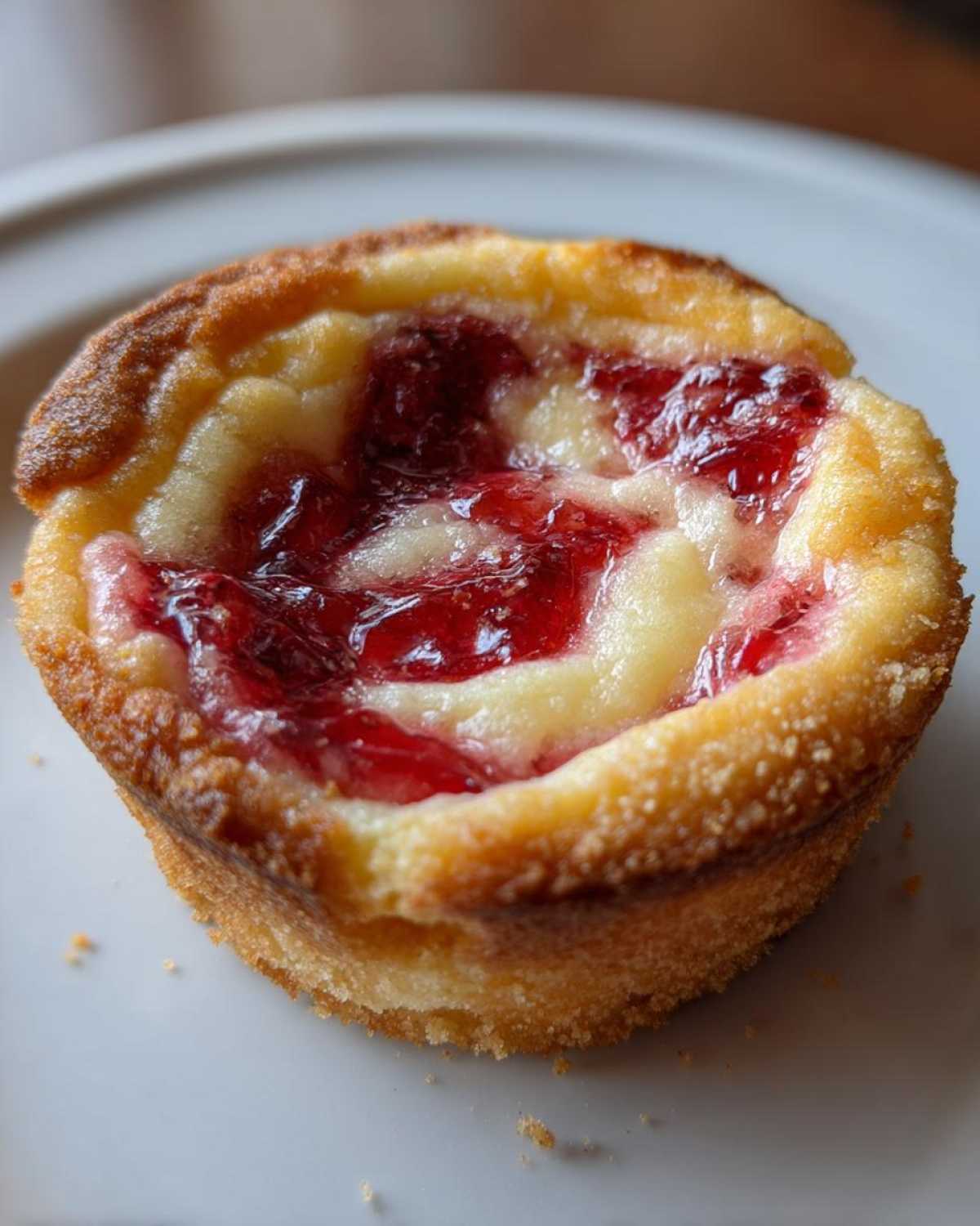 A close-up, top-down view of a single baked strawberry cheesecake cookie with a bright red jam swirl on a light plate.