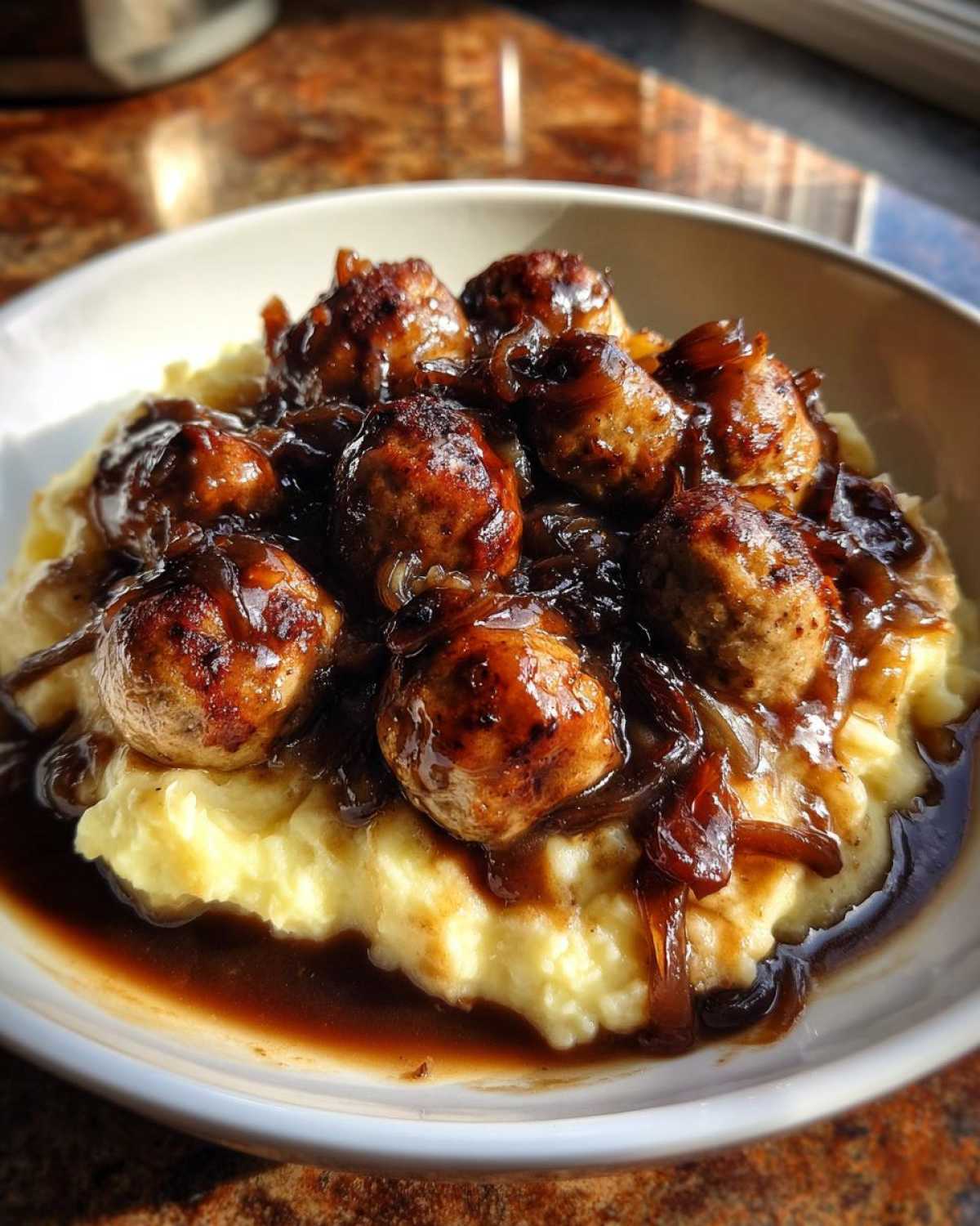 Close-up of perfectly cooked bangers and mash topped with caramelized onions and dark gravy.