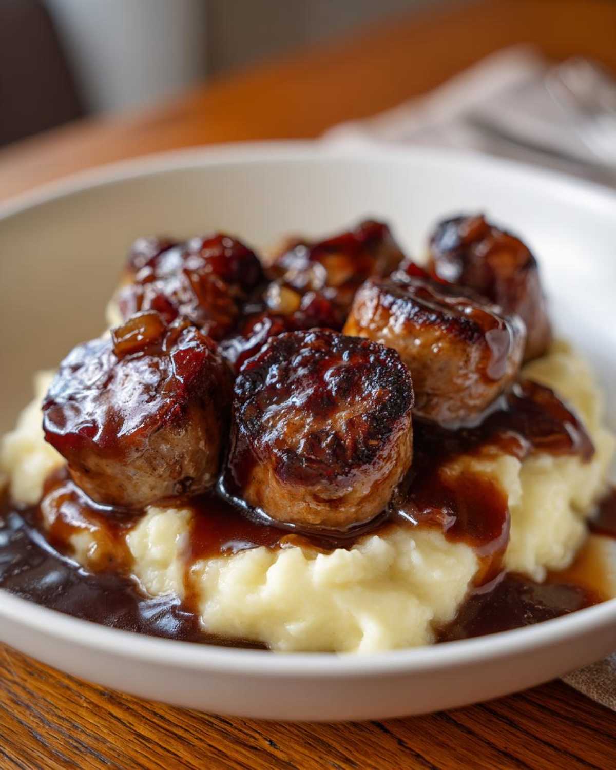 Close-up of delicious bangers and mash, featuring browned sausages smothered in dark gravy over creamy mashed potatoes.