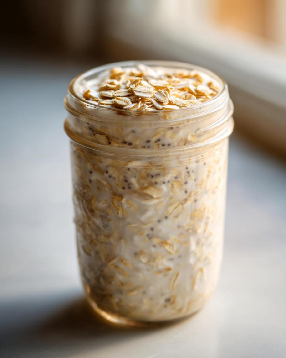 Close-up of a glass jar filled with creamy overnight oats mixed with chia seeds, topped with dry rolled oats.