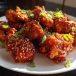 A plate piled high with crispy, glazed korean fried chicken pieces, garnished with sesame seeds and sliced green onions.