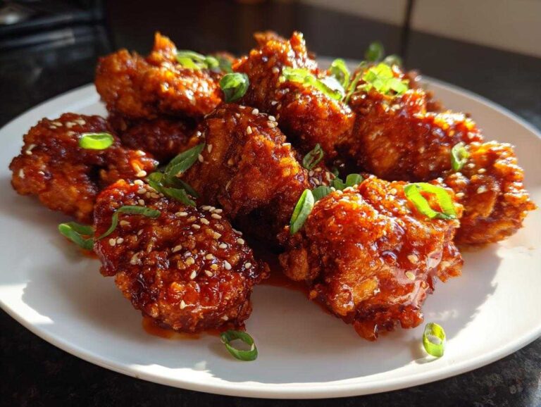 A plate piled high with crispy, glazed korean fried chicken pieces, garnished with sesame seeds and sliced green onions.