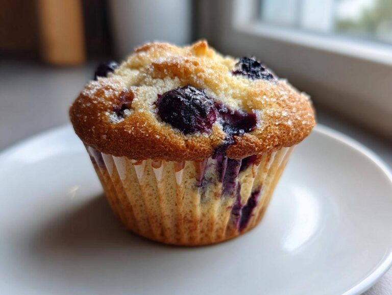 Close-up of a single, fluffy blueberry cottage cheese muffin topped with coarse sugar, resting on a white plate.