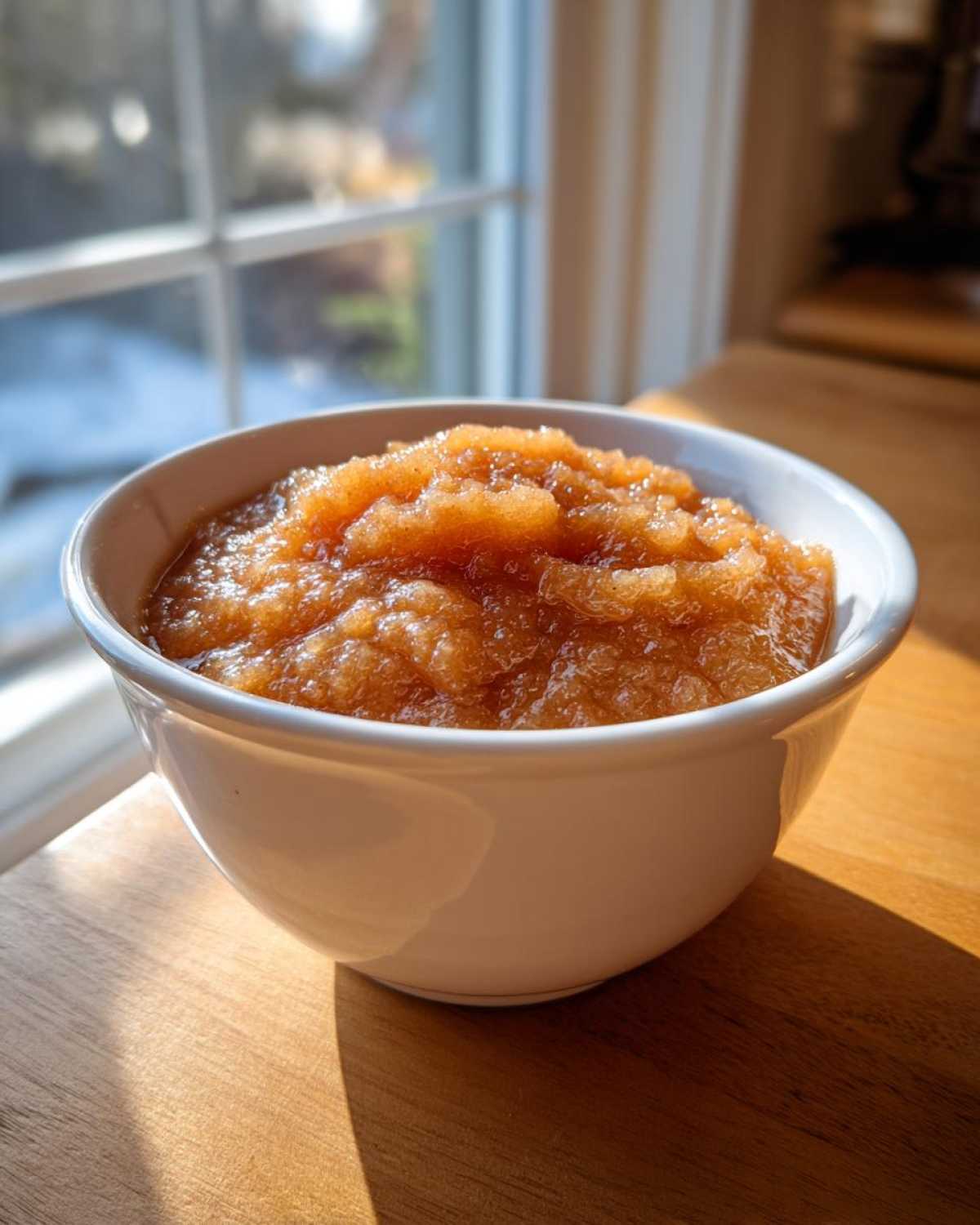 A white bowl filled with chunky, homemade applesauce, brightly lit by sunlight near a window.