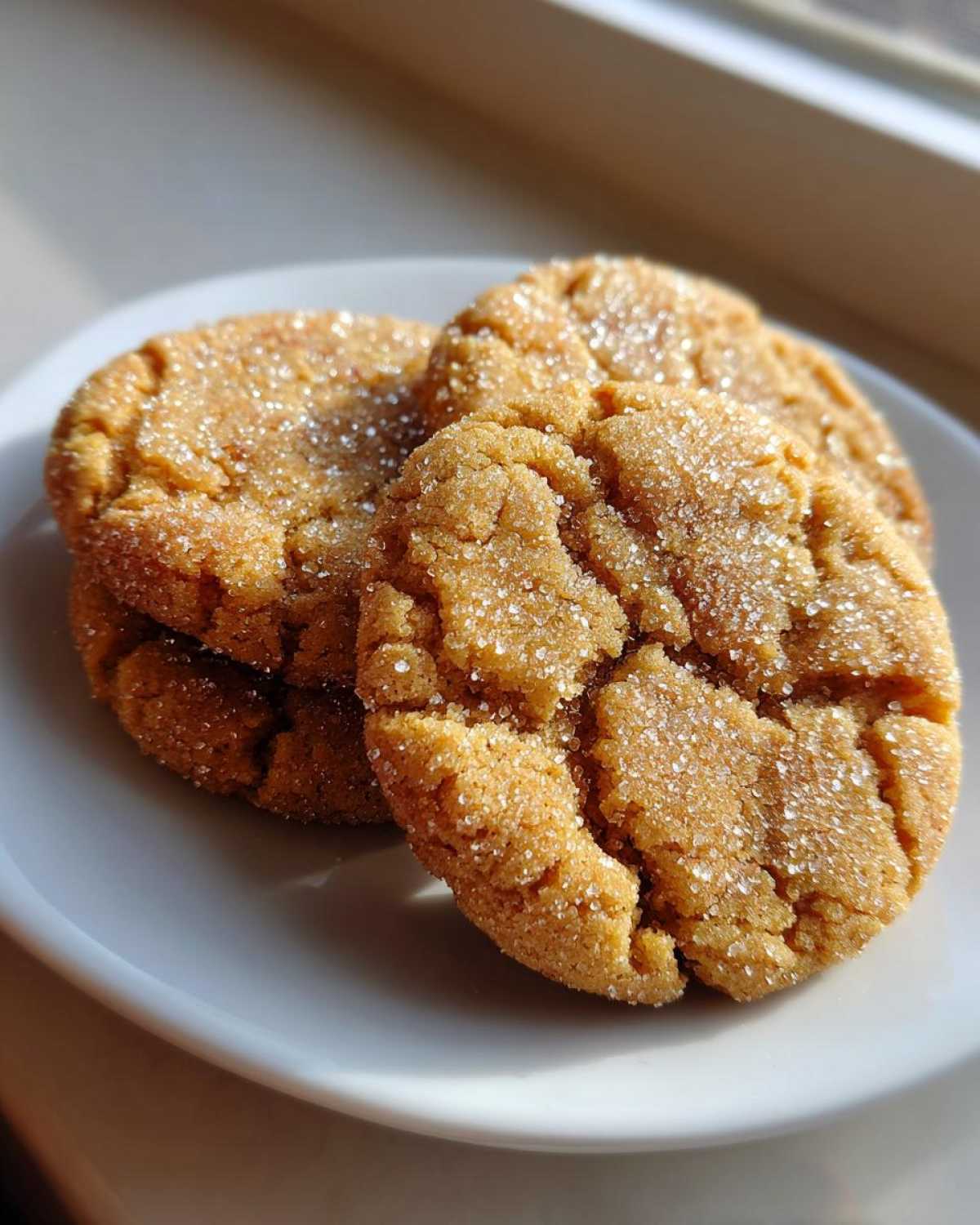 Close-up of three soft, crinkly brown butter sugar cookies generously coated in sparkling sugar on a white plate.