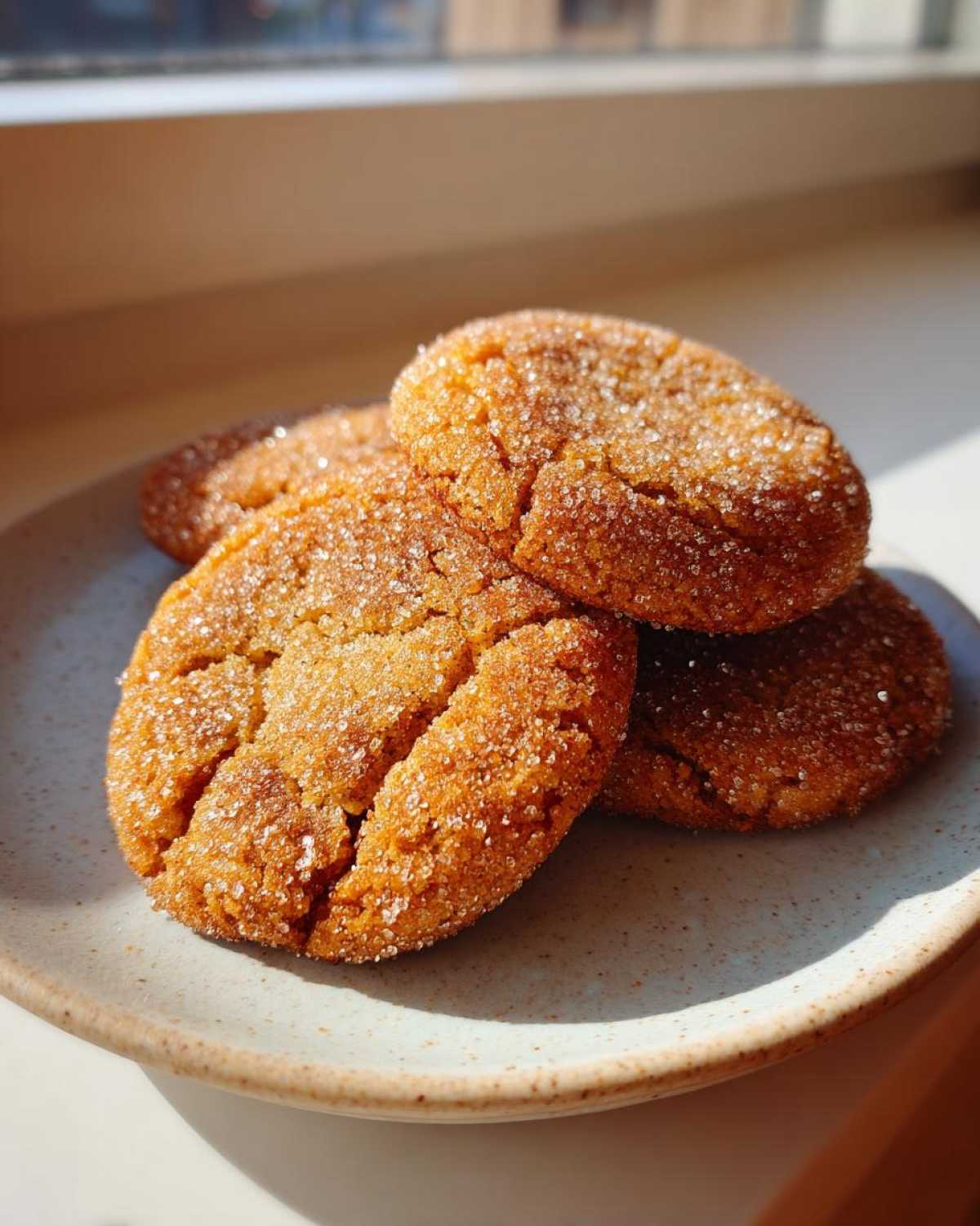 A stack of four golden brown butter sugar cookies coated in sparkling sugar on a ceramic plate.