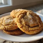 A stack of three soft, crinkled brown butter sugar cookies topped with coarse sugar crystals.