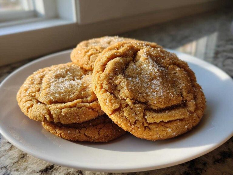 A stack of three soft, crinkled brown butter sugar cookies topped with coarse sugar crystals.