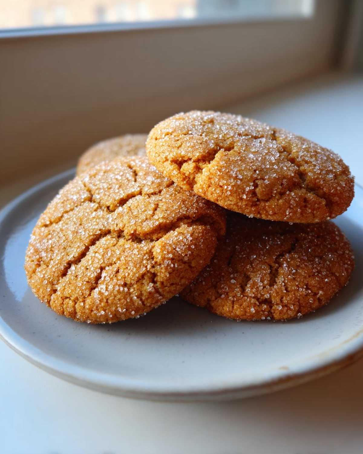 A stack of three golden brown butter sugar cookies, heavily coated in sparkling granulated sugar, resting on a small plate.