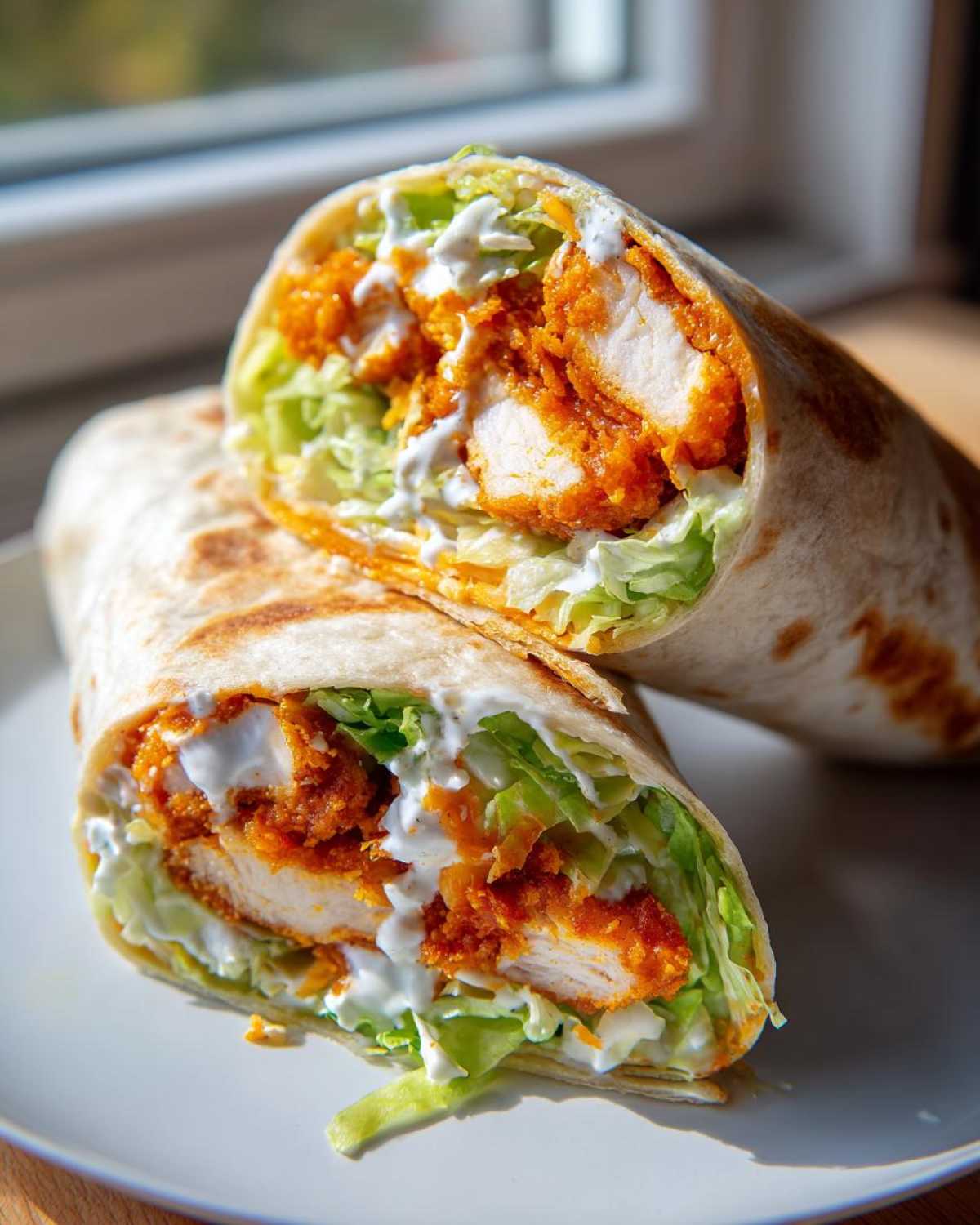 Close-up of a buffalo chicken wrap cut in half, showing crispy chicken, lettuce, and ranch dressing.