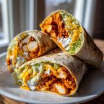 Three halves of a buffalo chicken wrap stacked on a white plate, showing spicy chicken, lettuce, cheese, and ranch dressing.