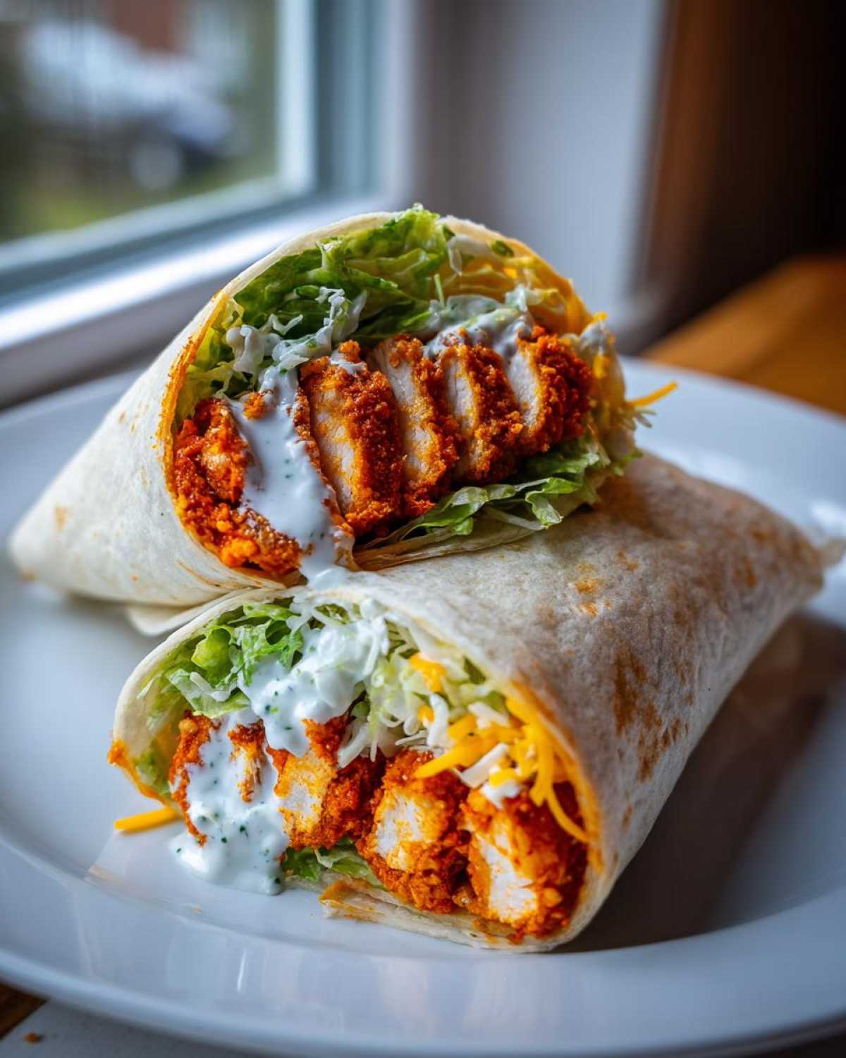 Close-up of a buffalo chicken wrap cut in half, showing crispy buffalo chicken, lettuce, cheese, and ranch dressing.