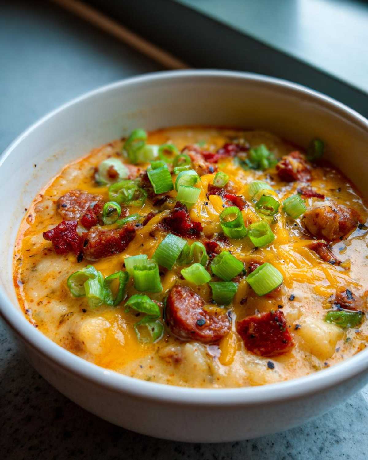 Close-up of a creamy bowl of Cajun potato soup topped with sliced sausage, melted cheddar cheese, and fresh green onions.