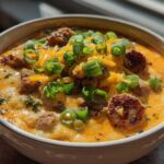 A close-up of a creamy bowl of Cajun potato soup topped with sausage, shredded cheddar cheese, and green onions.