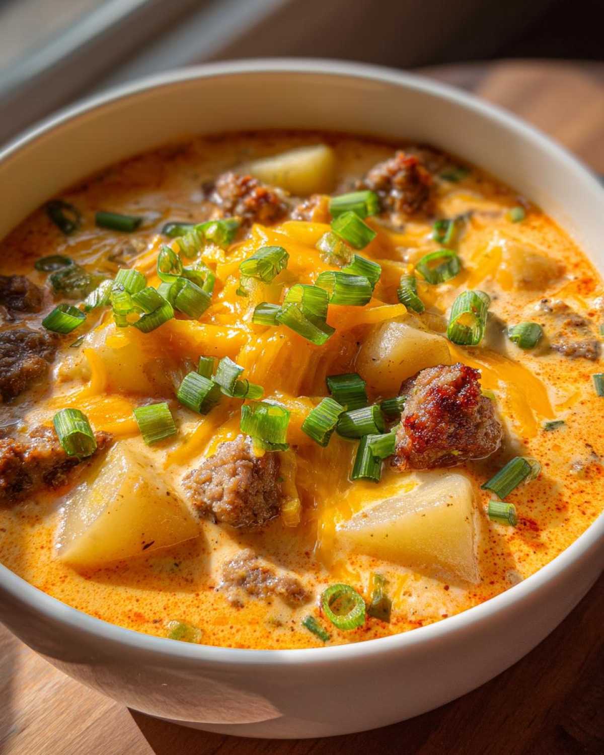 Close-up of a hearty bowl of Cajun potato soup topped with melted cheddar cheese, sausage crumbles, and fresh green onions.