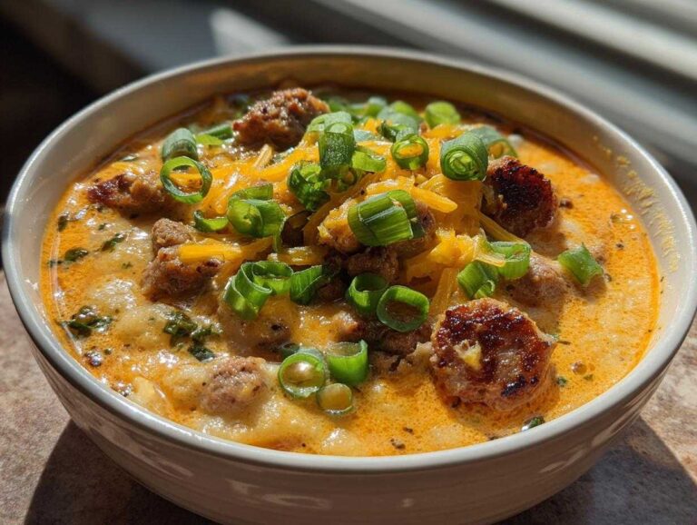 A close-up of a creamy bowl of Cajun potato soup topped with sausage, shredded cheddar cheese, and green onions.