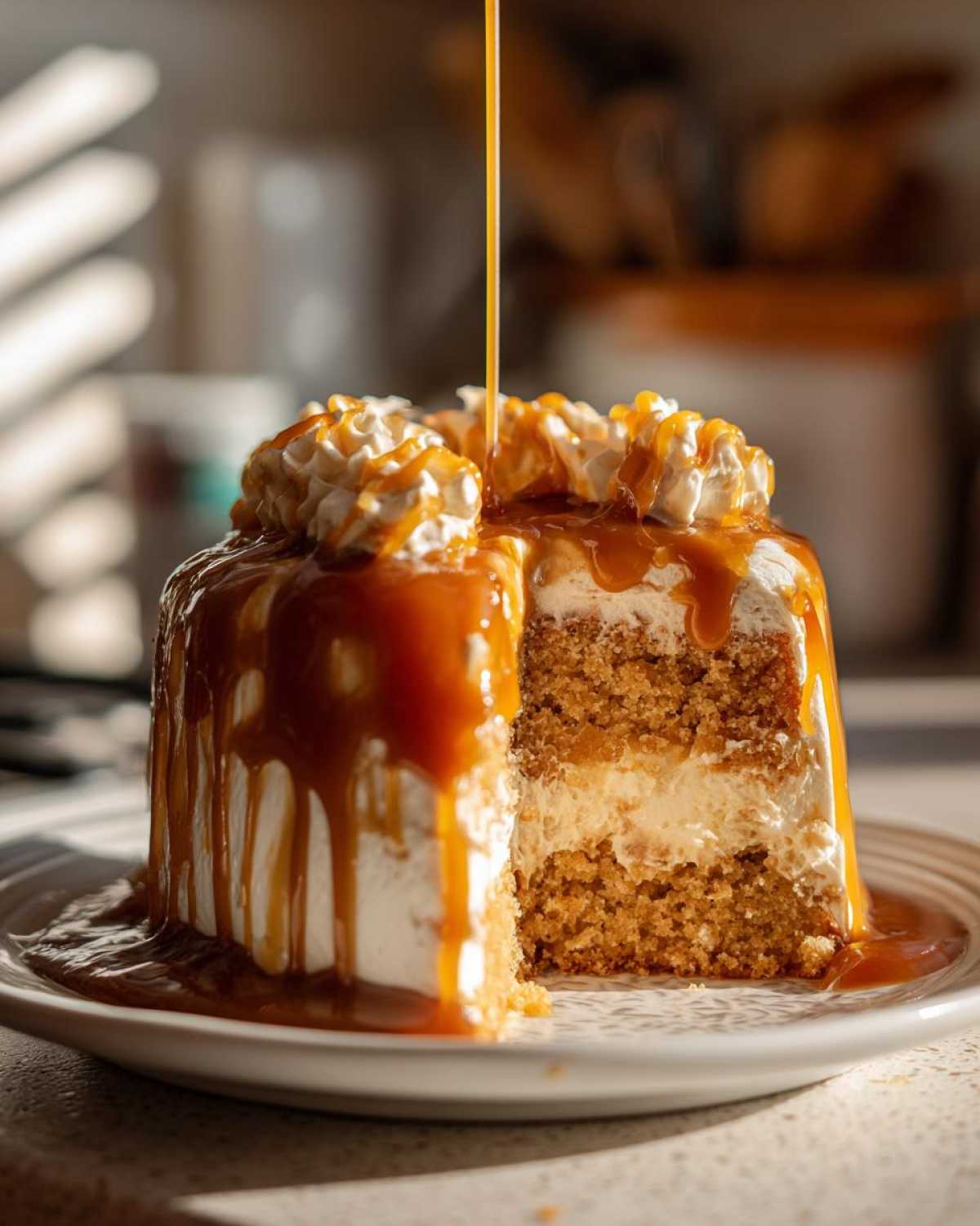 A slice has been removed from a small pumpkin poke cake covered in white frosting and rich caramel sauce being poured over the top.