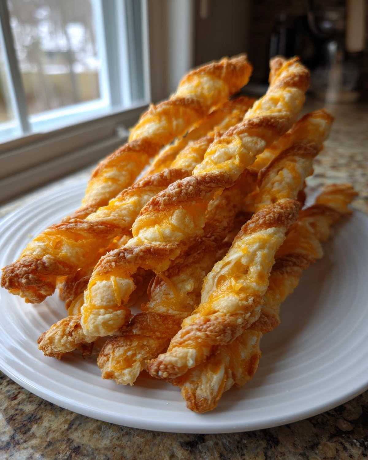 A pile of golden-brown, twisted cheese straws recipe baked with visible cheddar cheese, served on a white plate.