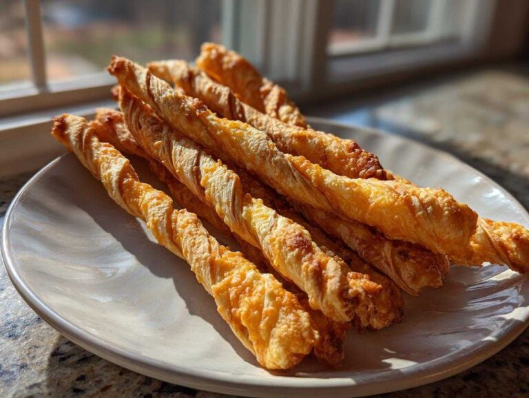 A pile of golden, flaky, twisted cheese straws recipe resting on a light-colored plate near a window.