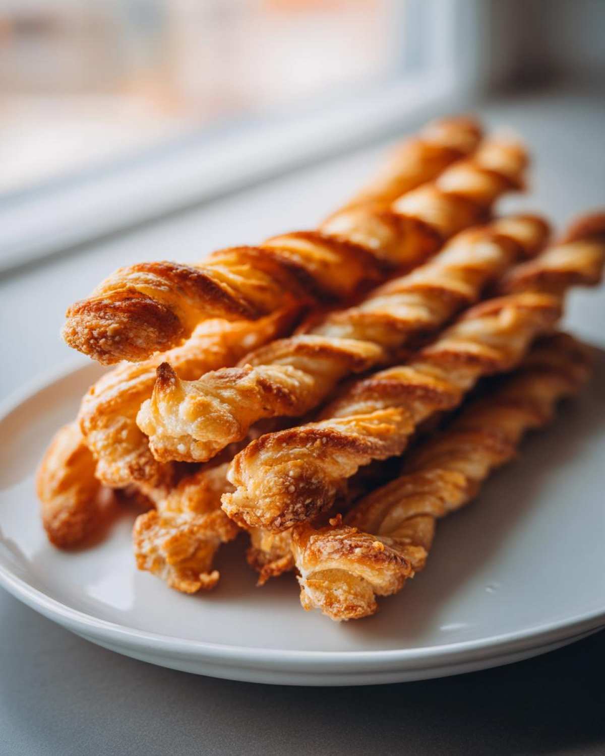 A stack of golden, flaky, twisted cheese straws resting on a white plate near a window.