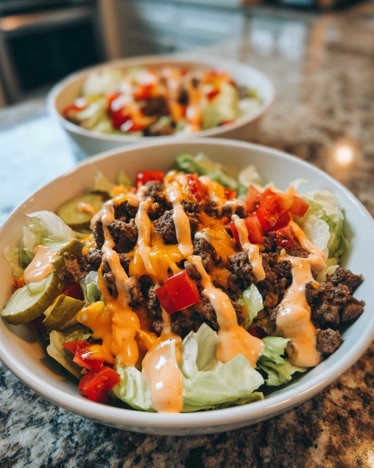 Close-up of a fresh cheeseburger bowl featuring seasoned ground beef, melted cheese, lettuce, tomatoes, pickles, and a drizzle of special sauce.