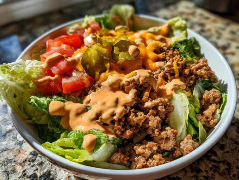 A vibrant cheeseburger bowl featuring seasoned ground beef, lettuce, tomatoes, cheese, and special sauce.