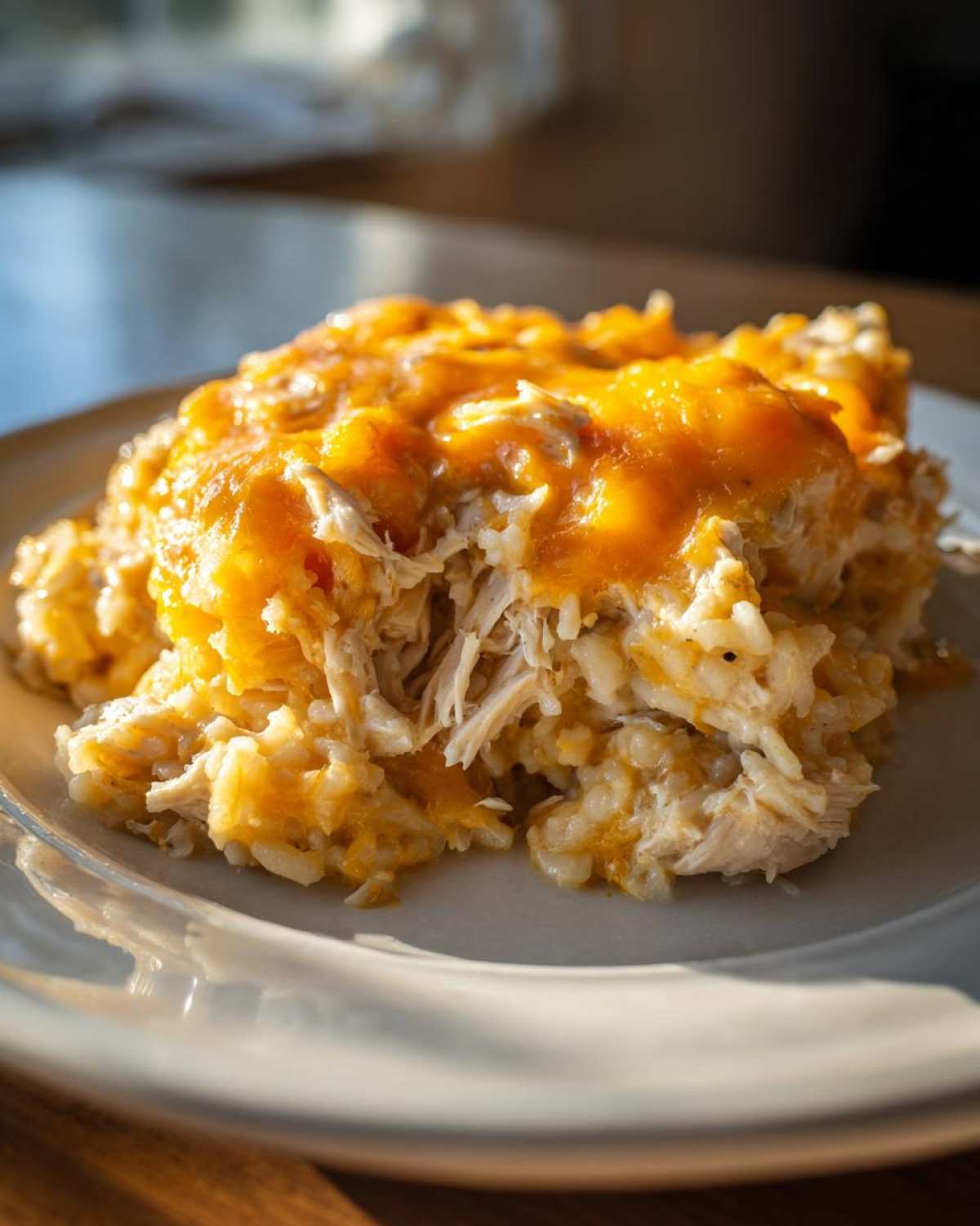 A close-up of a serving of cheesy chicken and rice casserole topped with melted cheddar cheese.