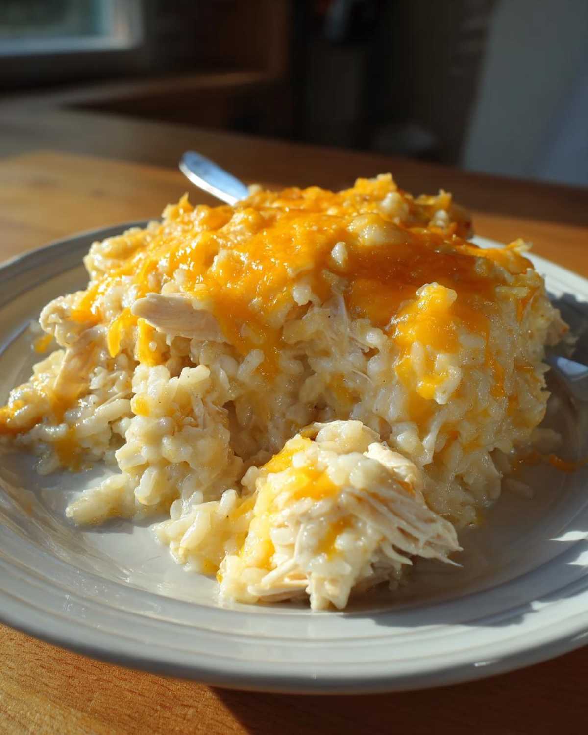 A close-up of a serving of cheesy chicken and rice topped with melted orange cheddar cheese on a light gray plate.