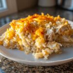 A close-up of a serving of cheesy chicken and rice topped with melted cheddar cheese on a white plate.