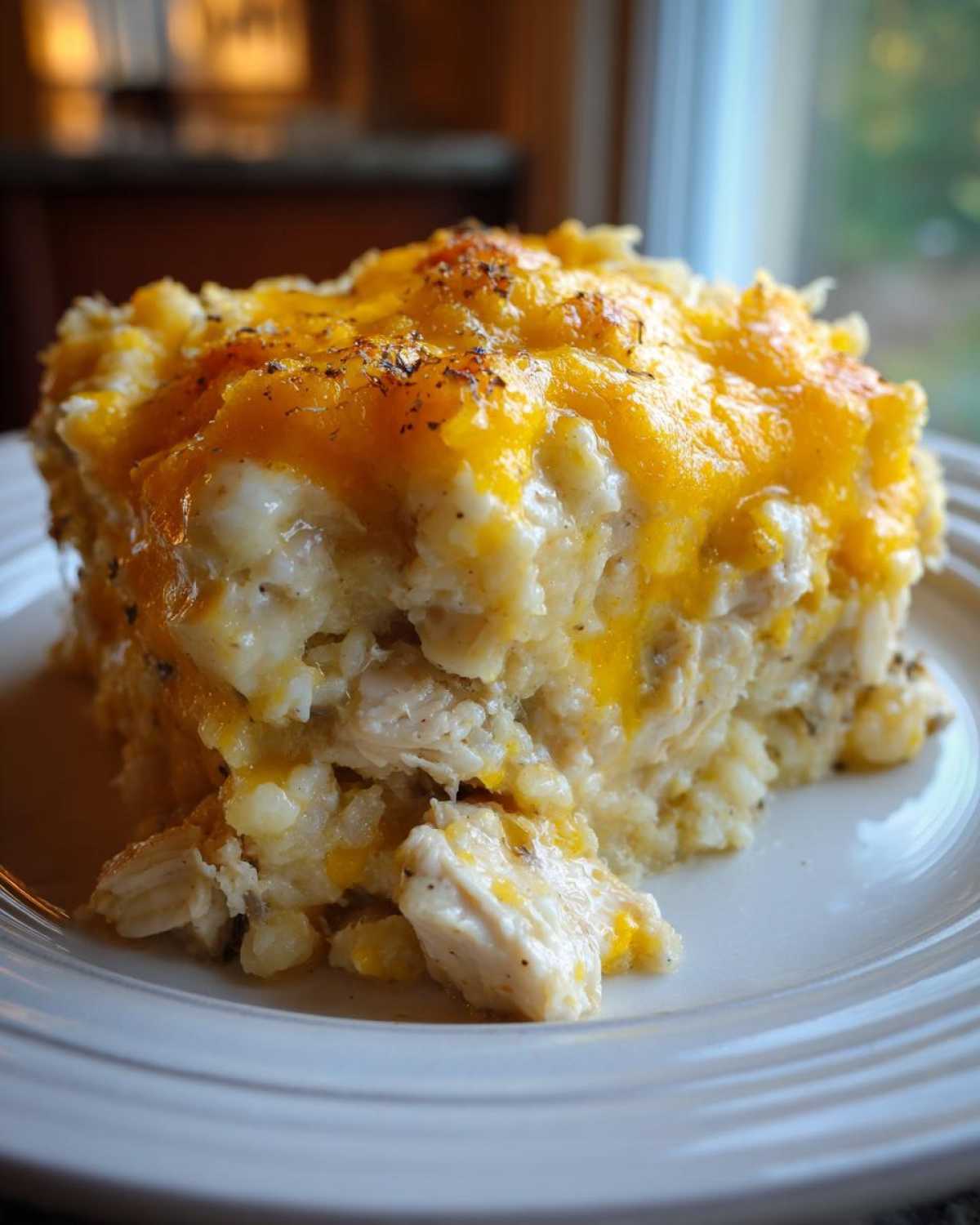 A square serving of cheesy chicken and rice casserole topped with melted cheddar cheese.